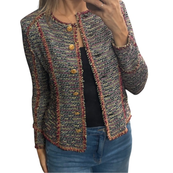 St. John Collection Fringe Trimmed Jacket in Burgundy/Wheat Multicolor Sz 2 - Picture 4 of 11